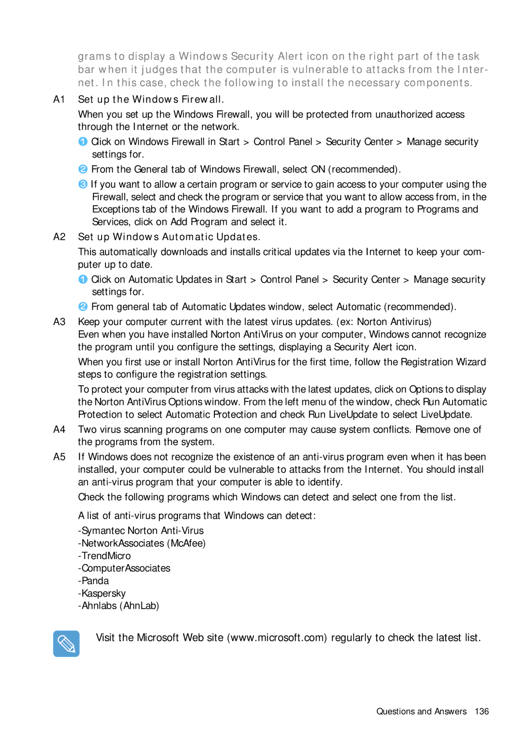 Samsung Q1 manual A1 Set up the Windows Firewall, A2 Set up Windows Automatic Updates 