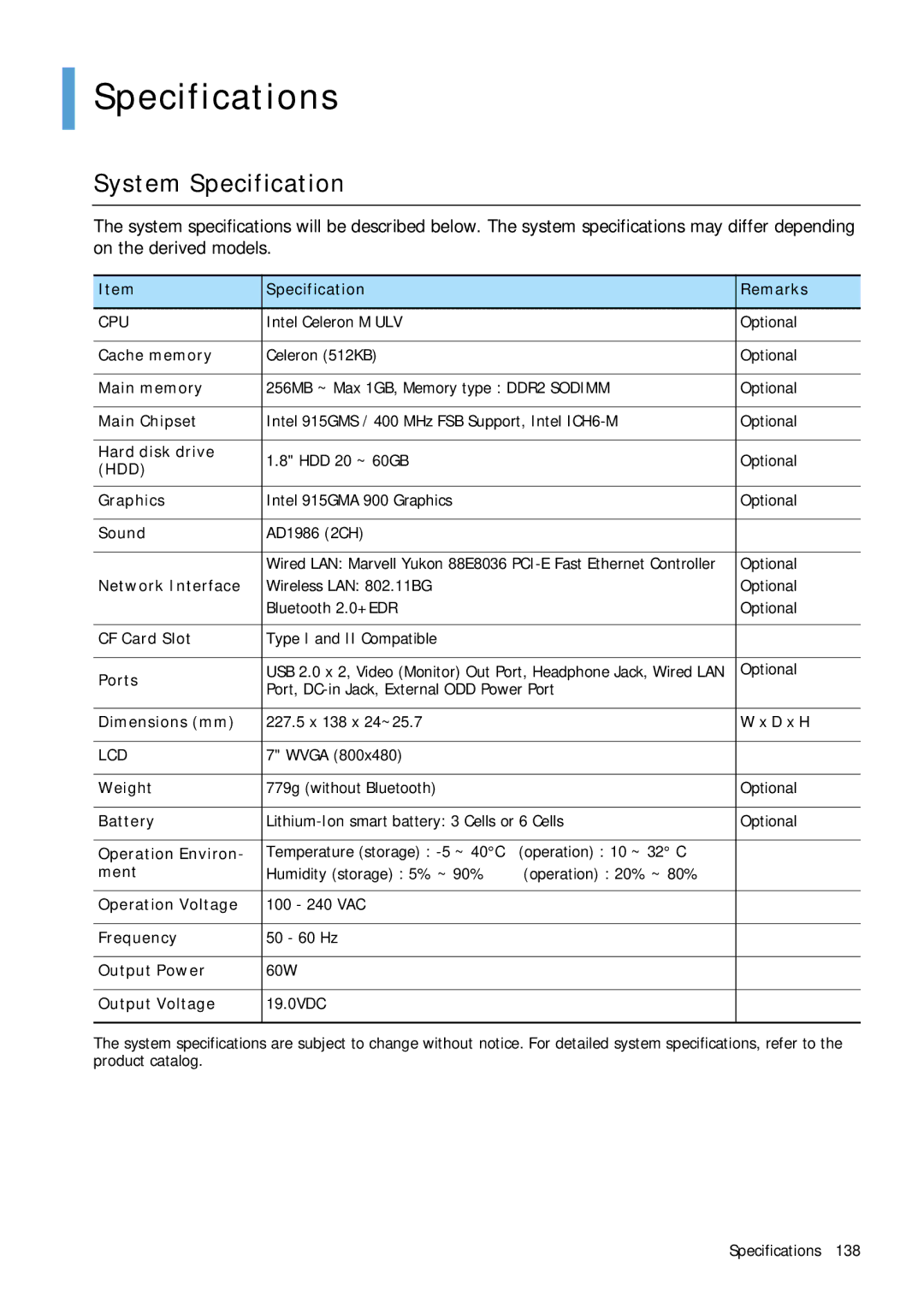 Samsung Q1 manual Specifications, System Specification 