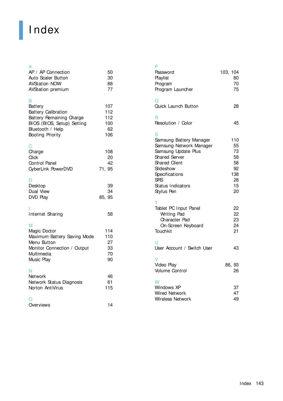 Samsung Q1 manual Index, Srs 