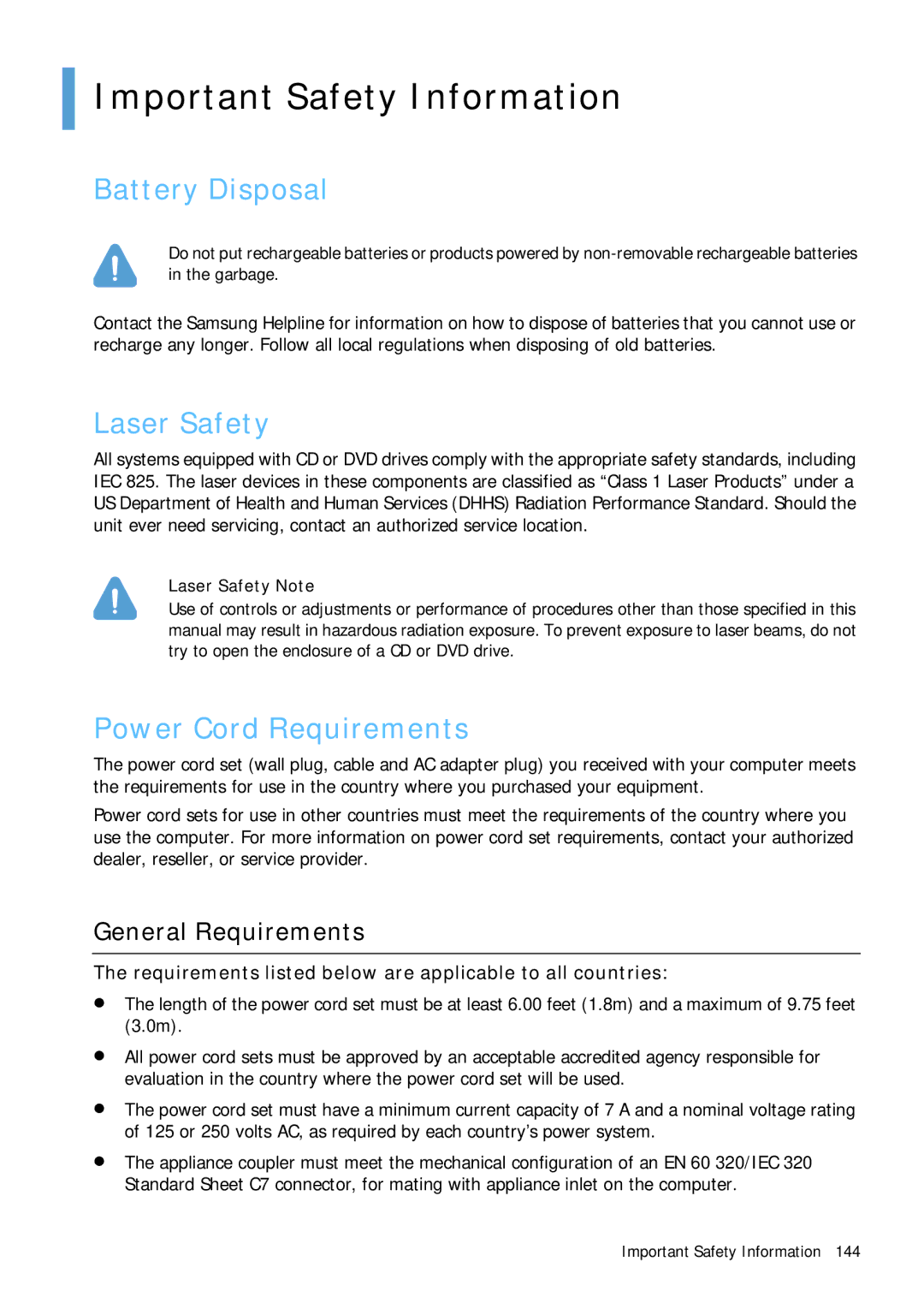 Samsung Q1 Important Safety Information, Battery Disposal, Laser Safety, Power Cord Requirements, General Requirements 