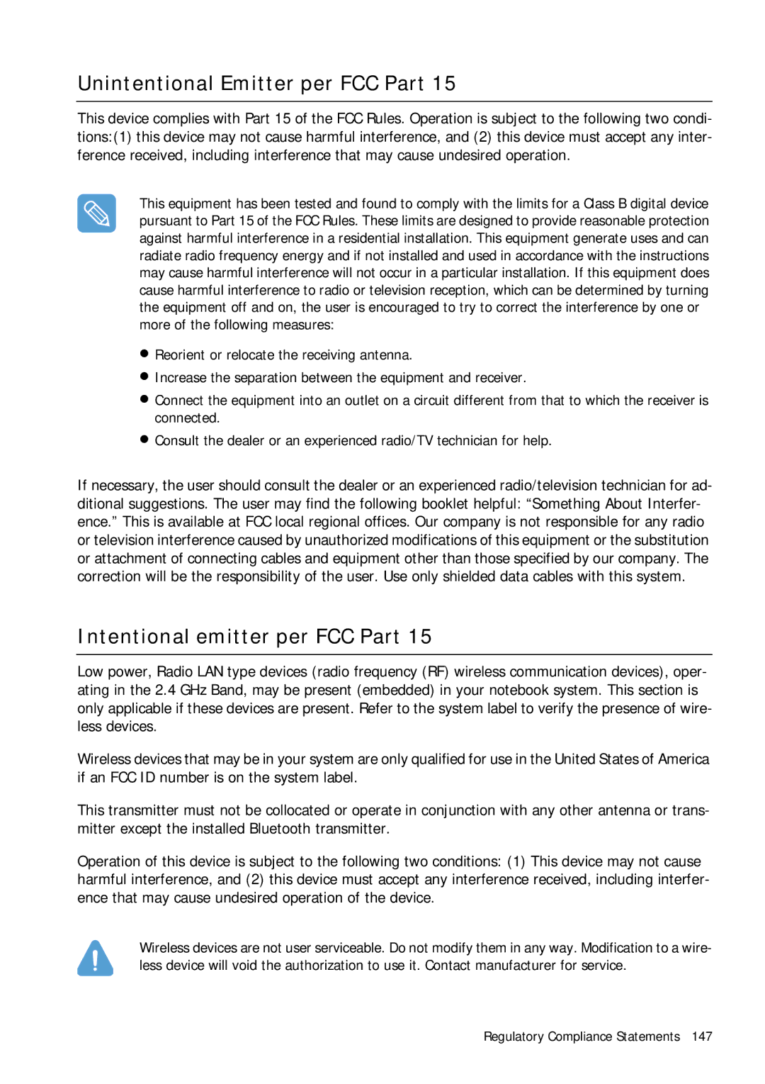 Samsung Q1 manual Unintentional Emitter per FCC Part, Intentional emitter per FCC Part 