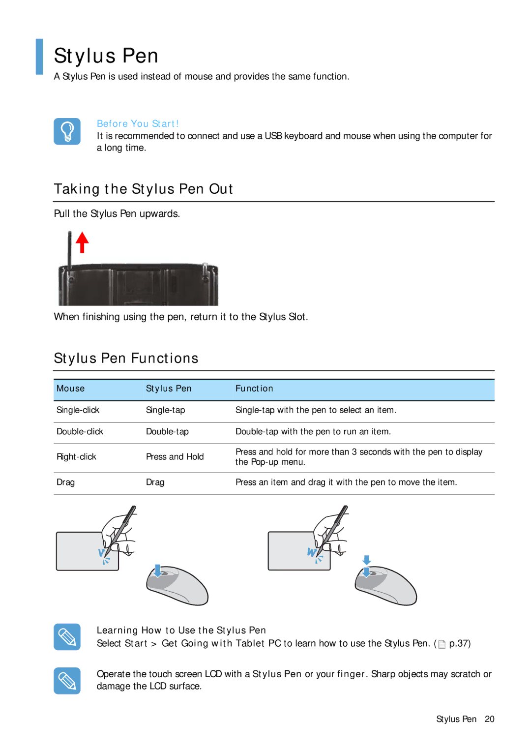 Samsung Q1 manual Taking the Stylus Pen Out, Stylus Pen Functions, Learning How to Use the Stylus Pen 