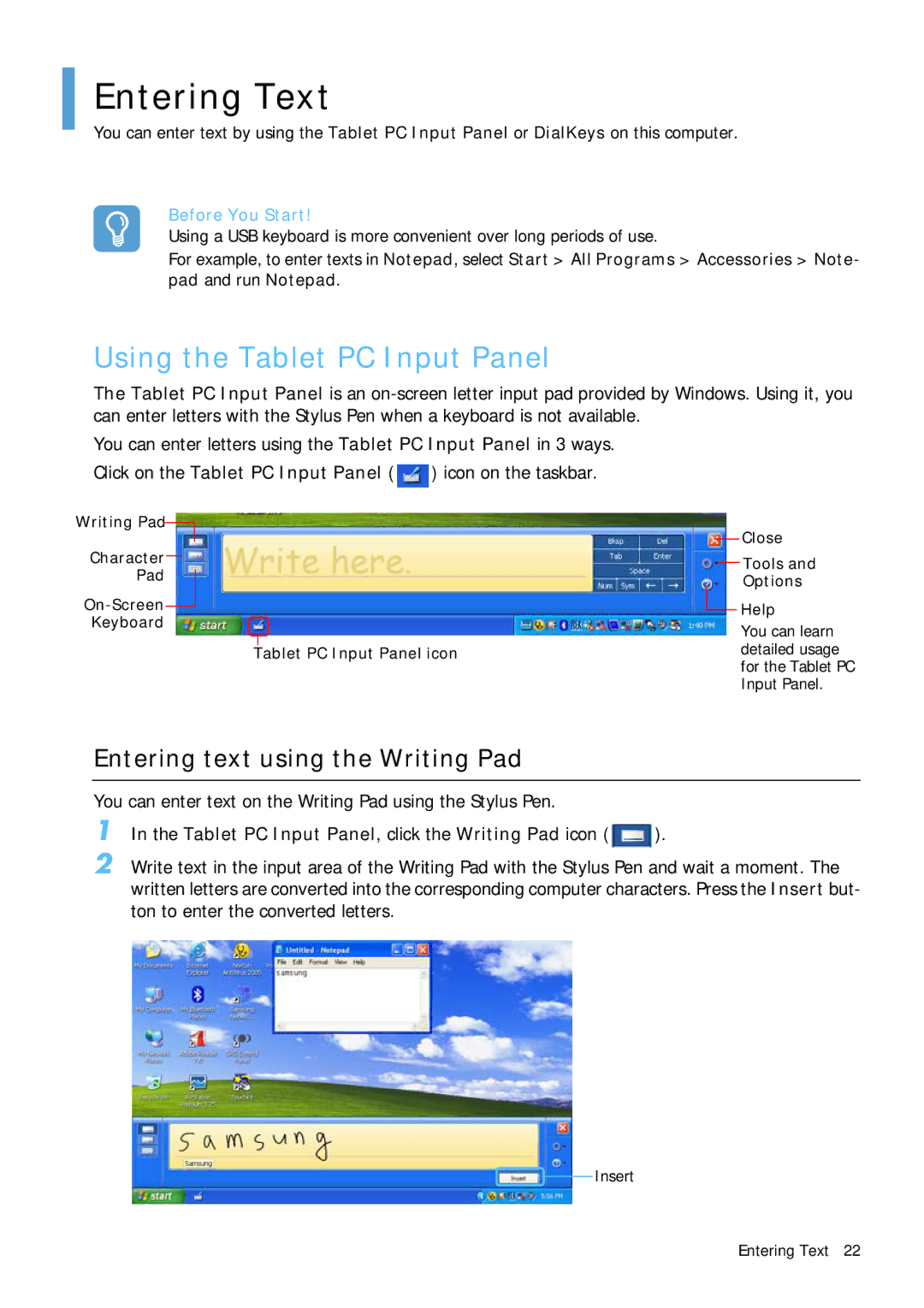 Samsung Q1 manual Entering Text, Using the Tablet PC Input Panel, Entering text using the Writing Pad 