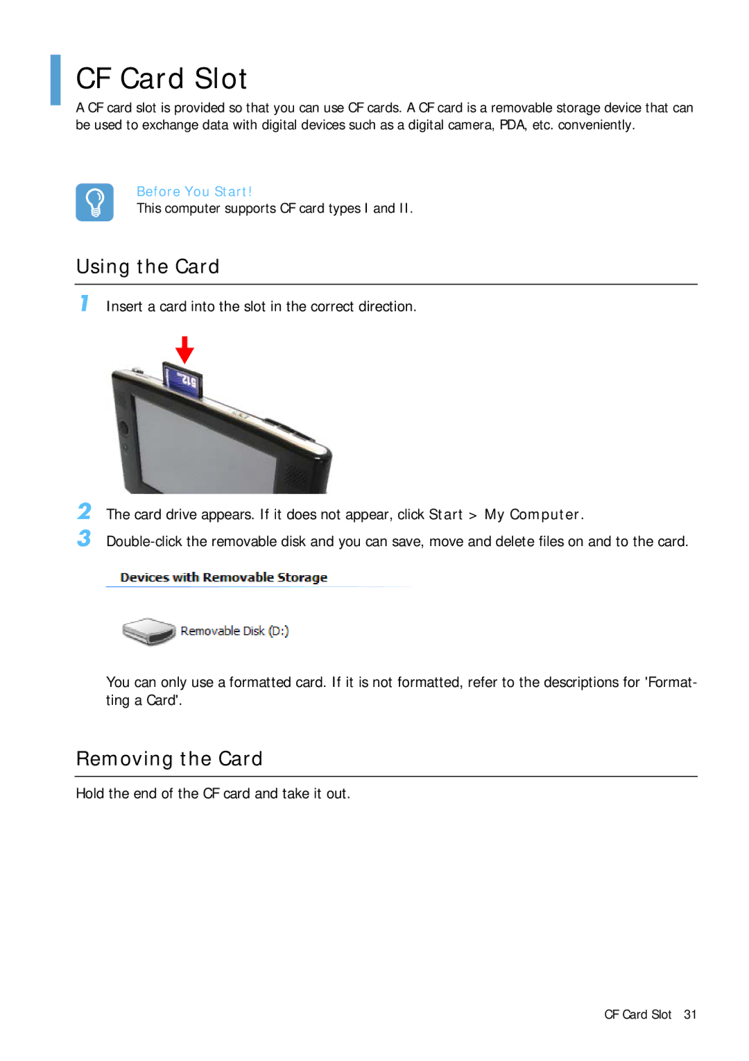 Samsung Q1 manual CF Card Slot, Using the Card, Removing the Card, Hold the end of the CF card and take it out 