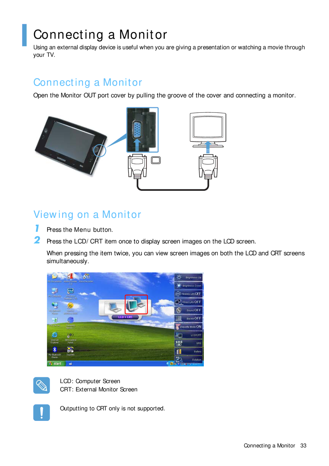 Samsung Q1 manual Connecting a Monitor, Viewing on a Monitor 