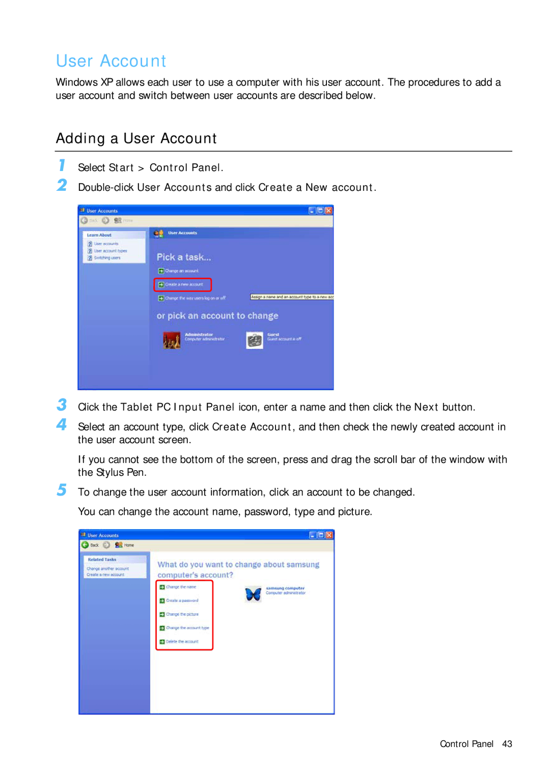 Samsung Q1 manual Adding a User Account 