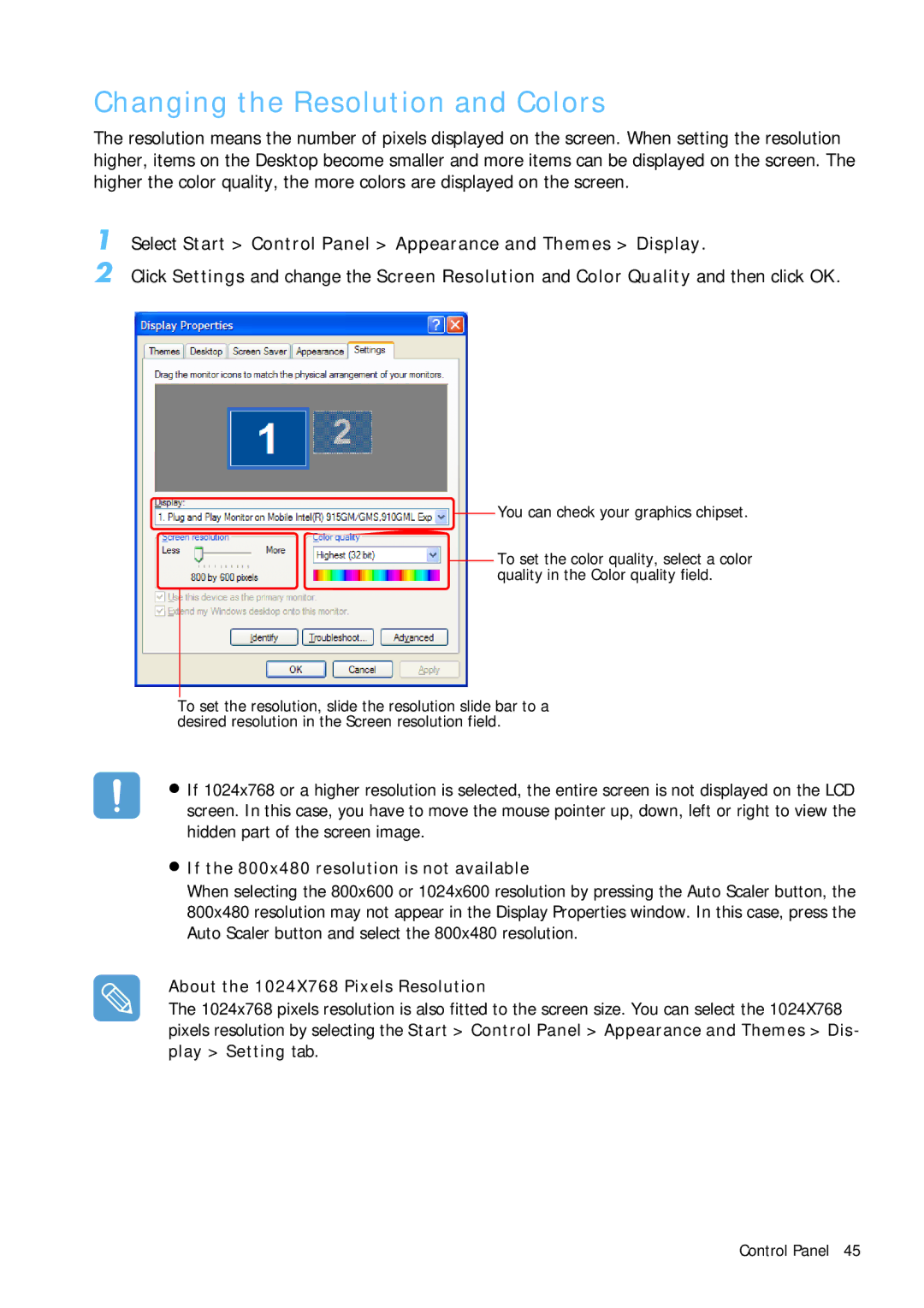 Samsung Q1 manual Changing the Resolution and Colors, If the 800x480 resolution is not available 