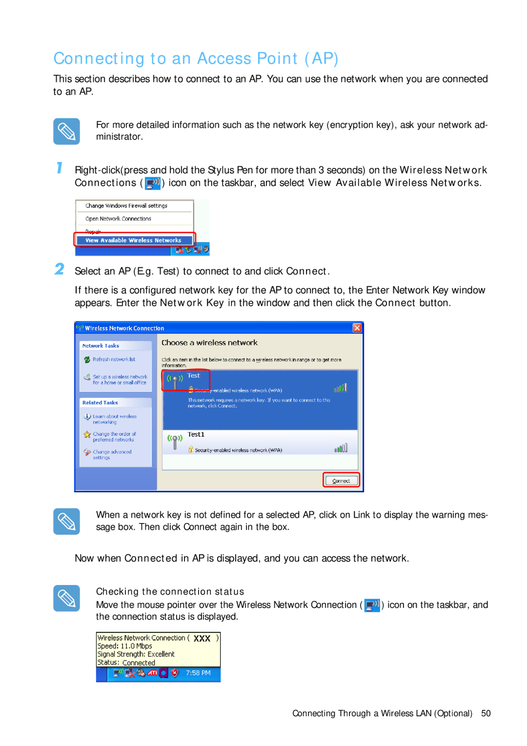 Samsung Q1 manual Connecting to an Access Point AP, Select an AP E.g. Test to connect to and click Connect 