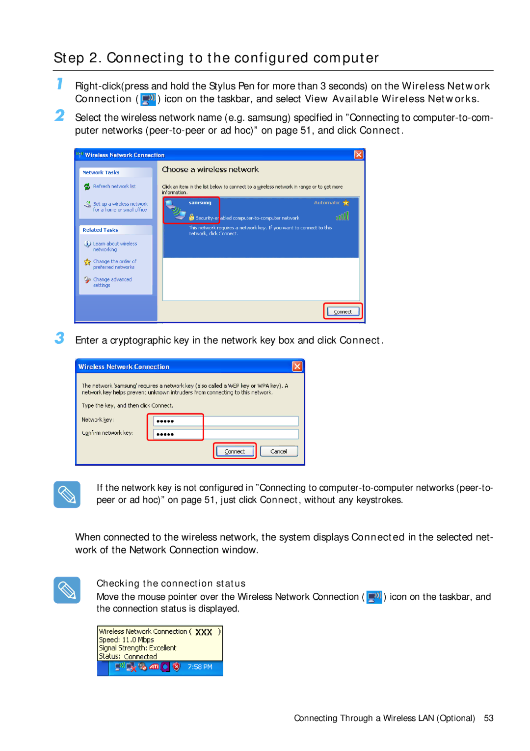 Samsung Q1 manual Connecting to the configured computer, Checking the connection status 