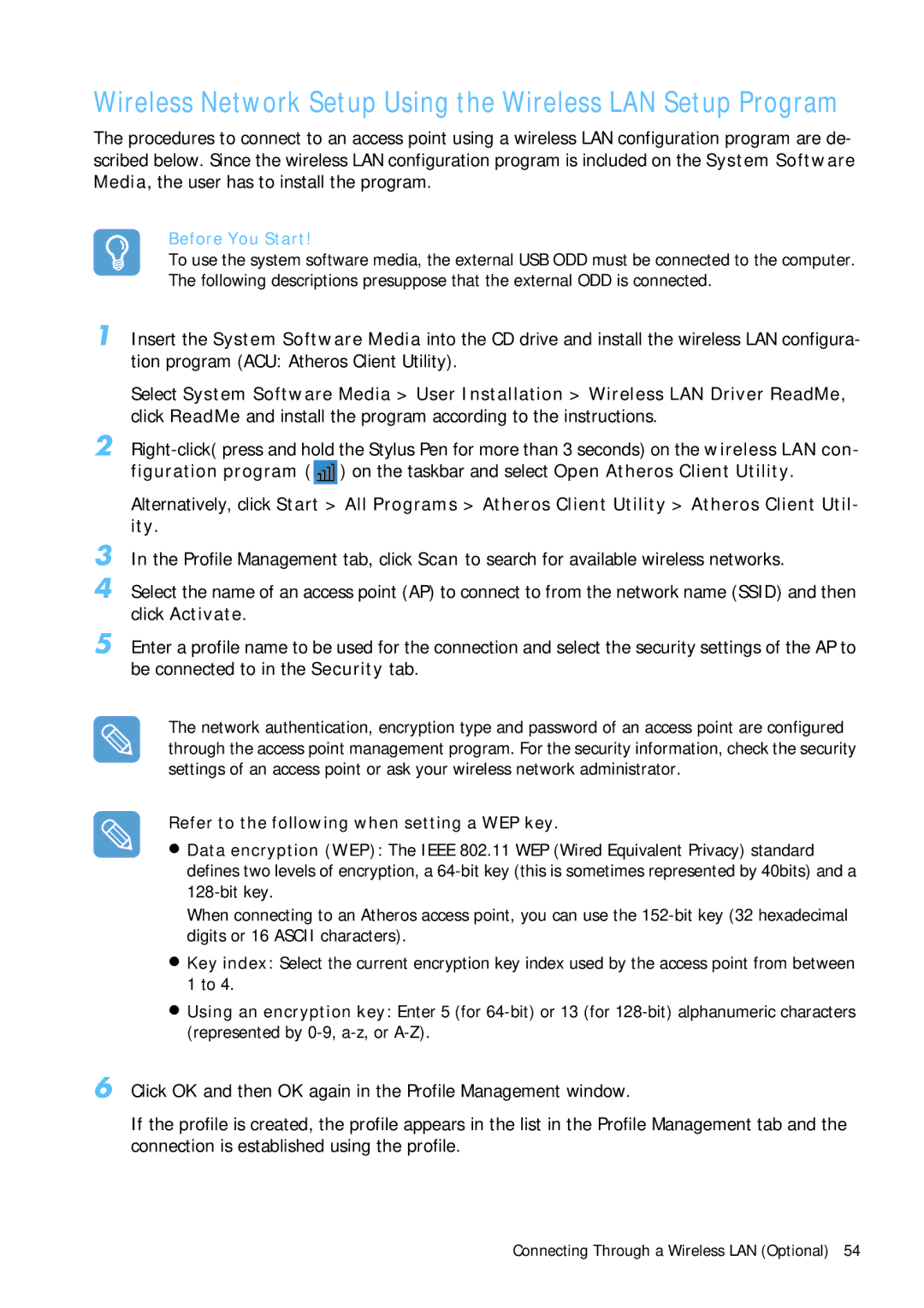 Samsung Q1 Wireless Network Setup Using the Wireless LAN Setup Program, Refer to the following when setting a WEP key 