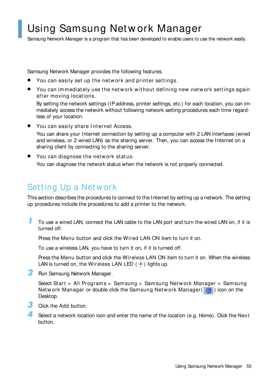 Samsung Q1 manual Using Samsung Network Manager, Setting Up a Network, You can easily share Internet Access 