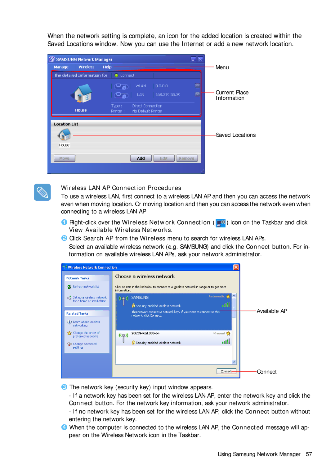 Samsung Q1 manual Wireless LAN AP Connection Procedures, Right-click over the Wireless Network Connection 