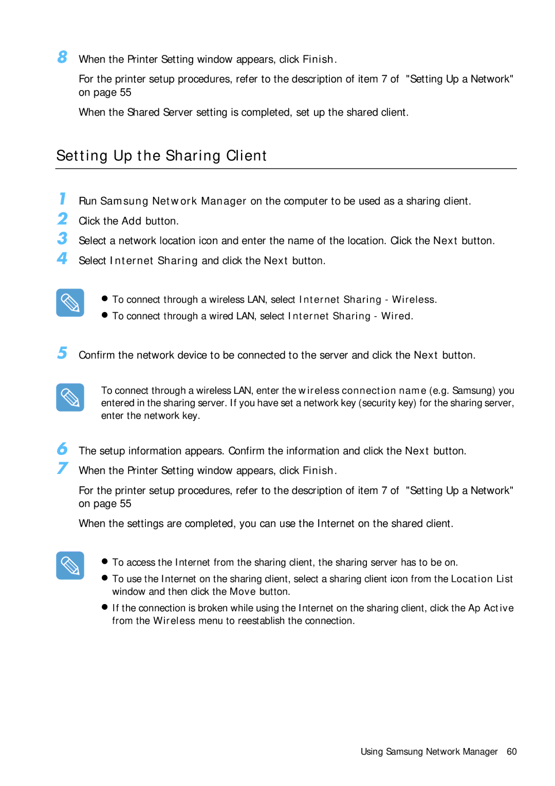 Samsung Q1 manual Setting Up the Sharing Client 