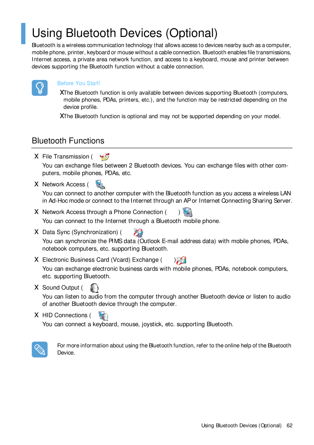 Samsung Q1 manual Using Bluetooth Devices Optional, Bluetooth Functions 