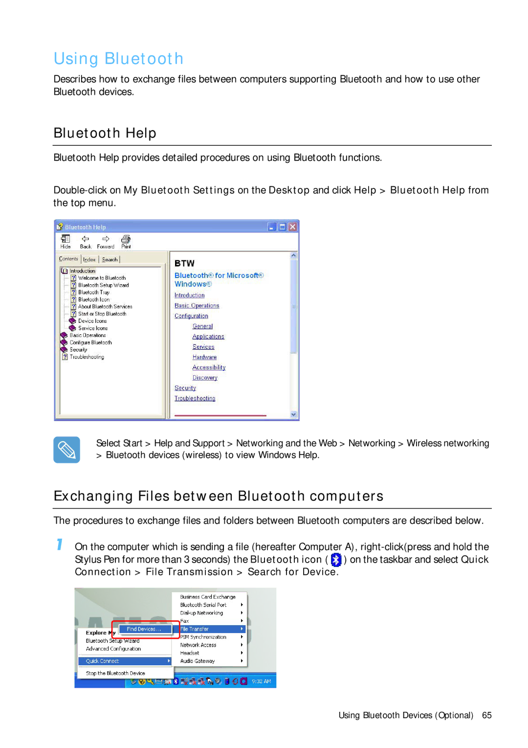 Samsung Q1 manual Using Bluetooth, Bluetooth Help, Exchanging Files between Bluetooth computers 