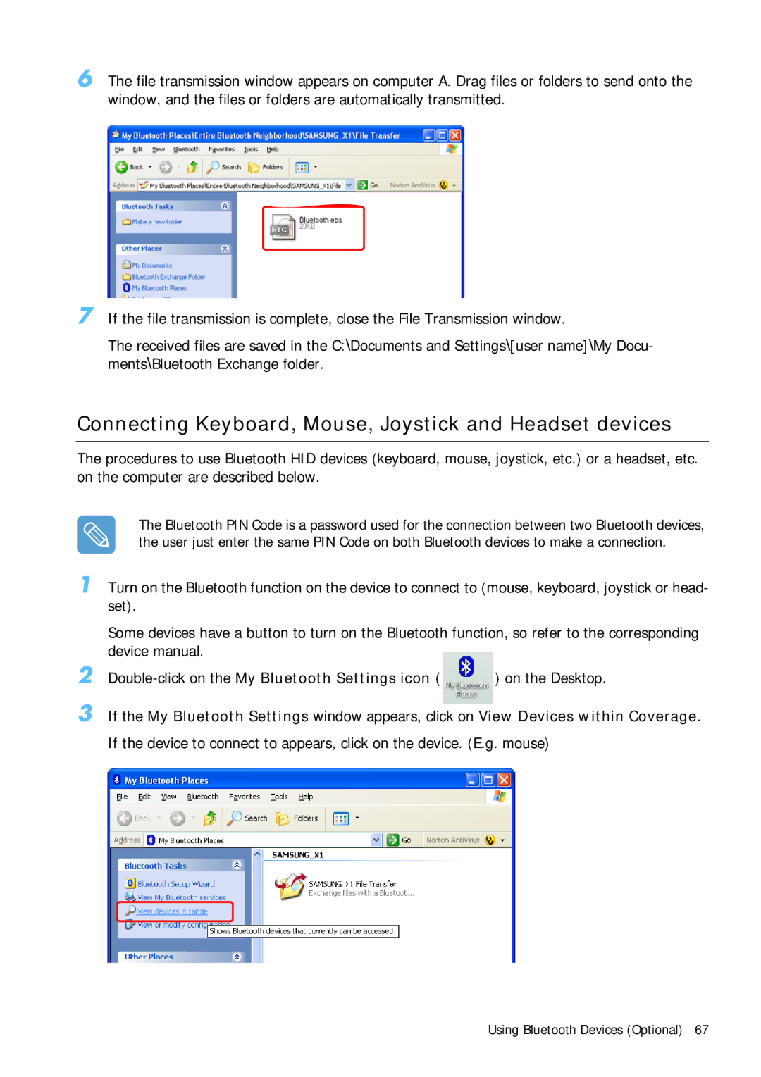 Samsung Q1 manual Connecting Keyboard, Mouse, Joystick and Headset devices 