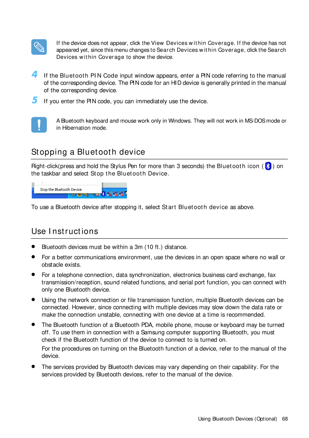 Samsung Q1 manual Stopping a Bluetooth device, Use Instructions 