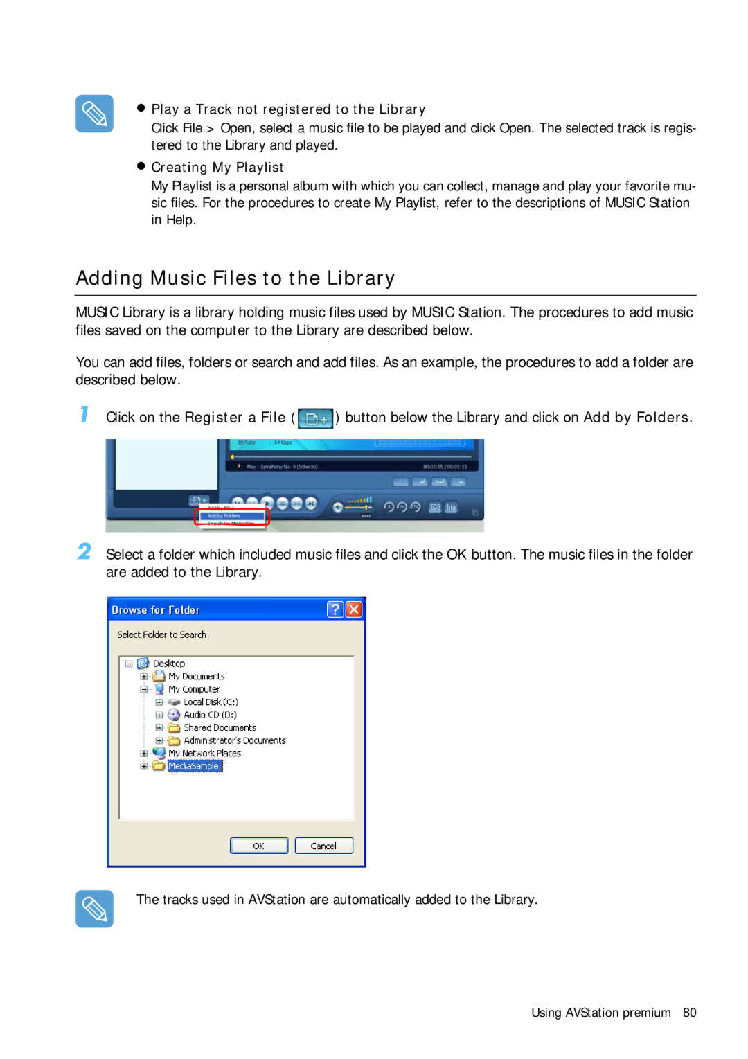 Samsung Q1 manual Adding Music Files to the Library, Play a Track not registered to the Library, Creating My Playlist 