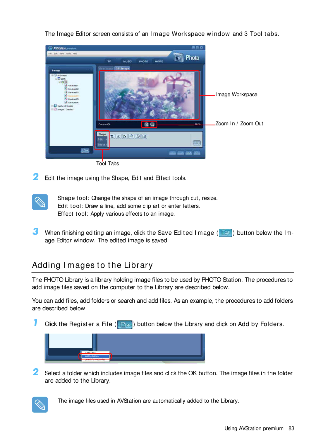 Samsung Q1 manual Adding Images to the Library, Edit the image using the Shape, Edit and Effect tools 