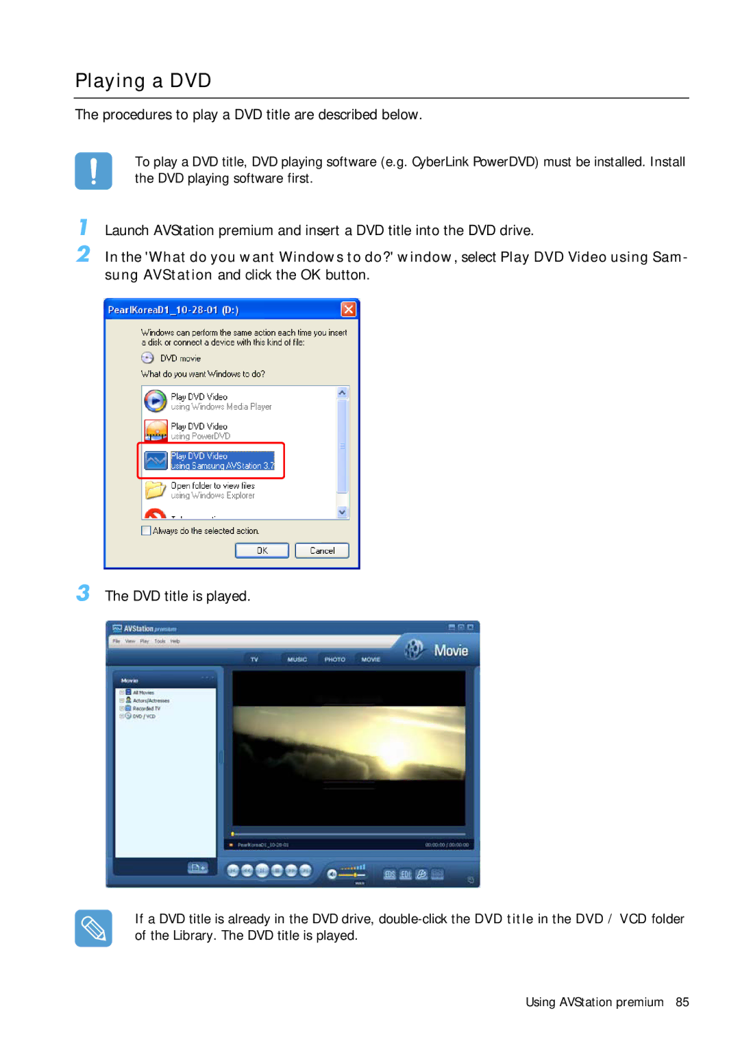 Samsung Q1 manual Playing a DVD, Procedures to play a DVD title are described below, DVD title is played 