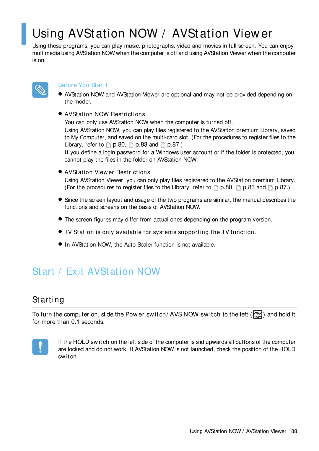 Samsung Q1 manual Using AVStation NOW / AVStation Viewer, Start / Exit AVStation NOW, Starting, AVStation NOW Restrictions 