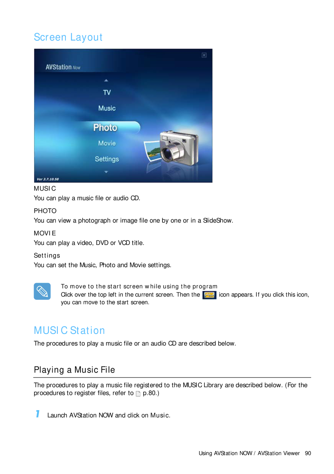 Samsung Q1 manual Screen Layout, You can play a music file or audio CD, You can play a video, DVD or VCD title, Settings 