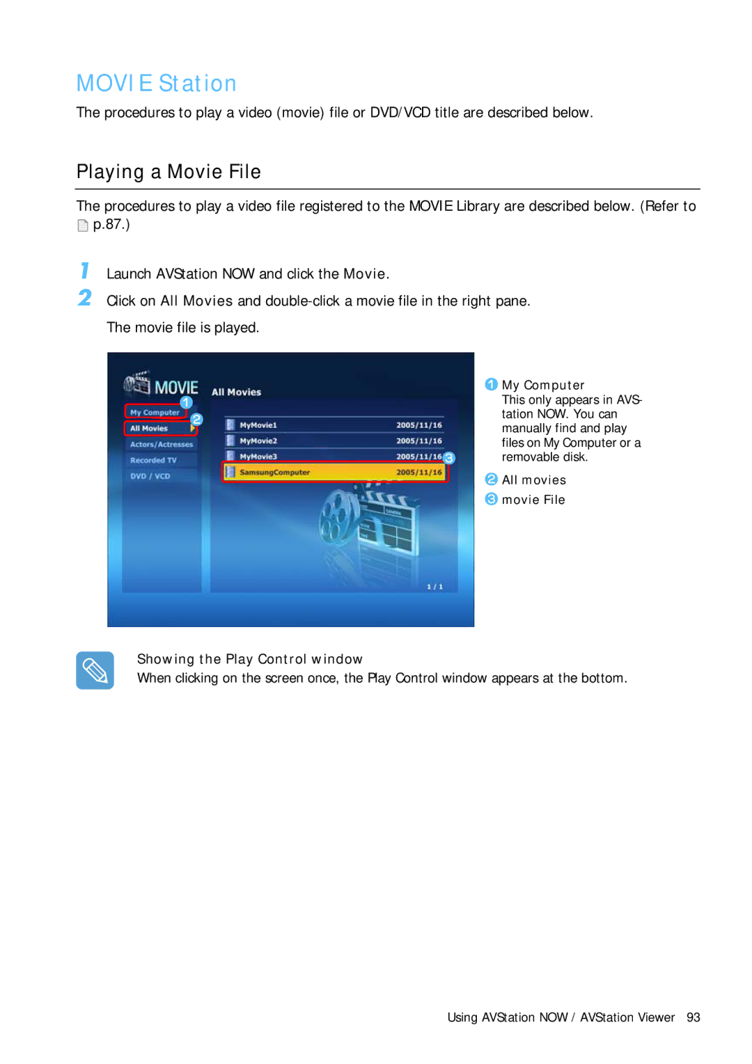 Samsung Q1 manual Playing a Movie File, Showing the Play Control window 