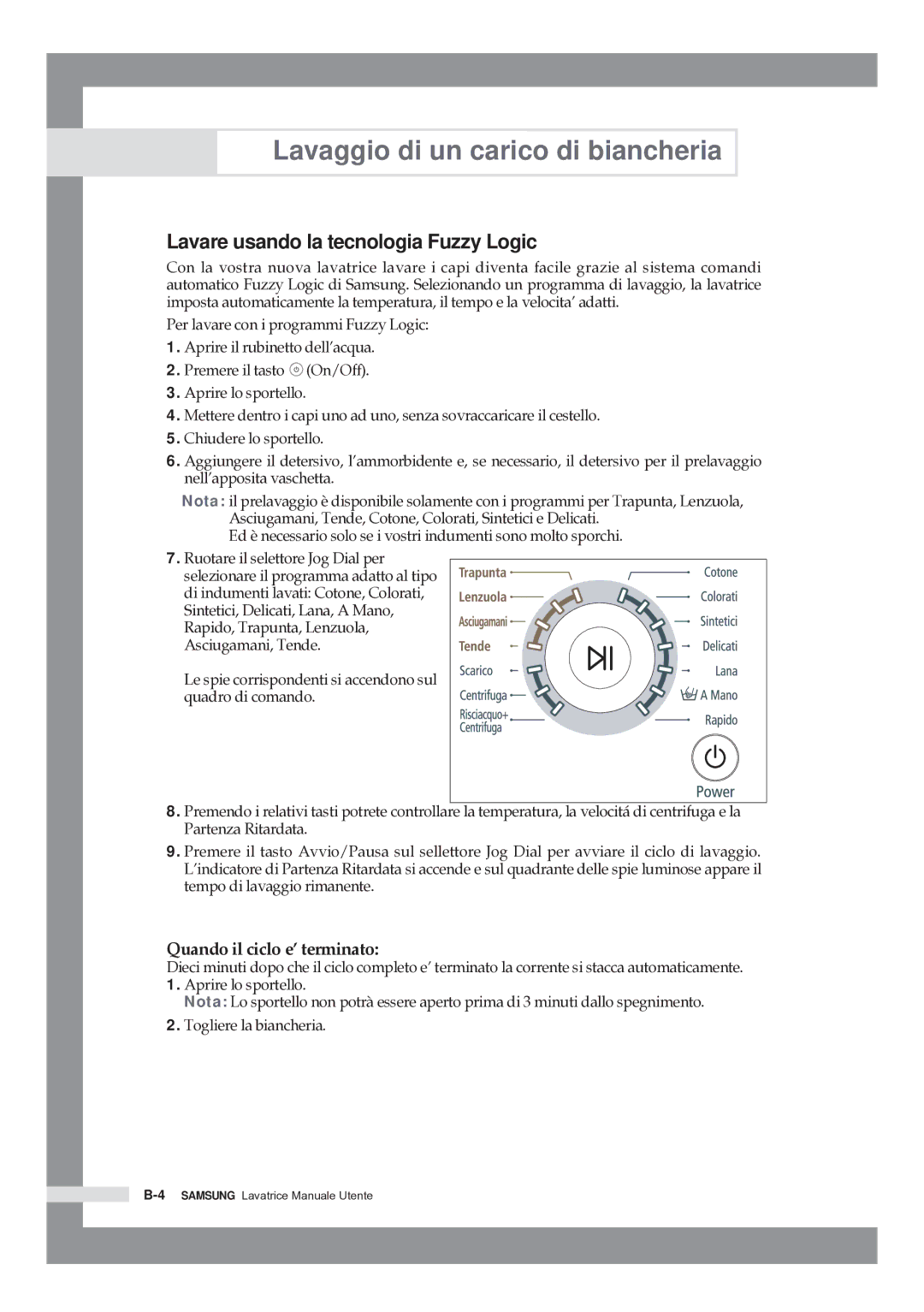 Samsung Q1244ATGW/XET, Q1044ATGW/XET, Q844ATGW/XET Lavare usando la tecnologia Fuzzy Logic, Quando il ciclo e’ terminato 