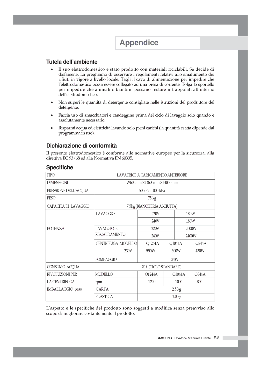 Samsung Q844ATGW/XET, Q1044ATGW/XET, Q1244ATGW/XET manual Tutela dell’ambiente, Dichiarazione di conformità, Specifiche 