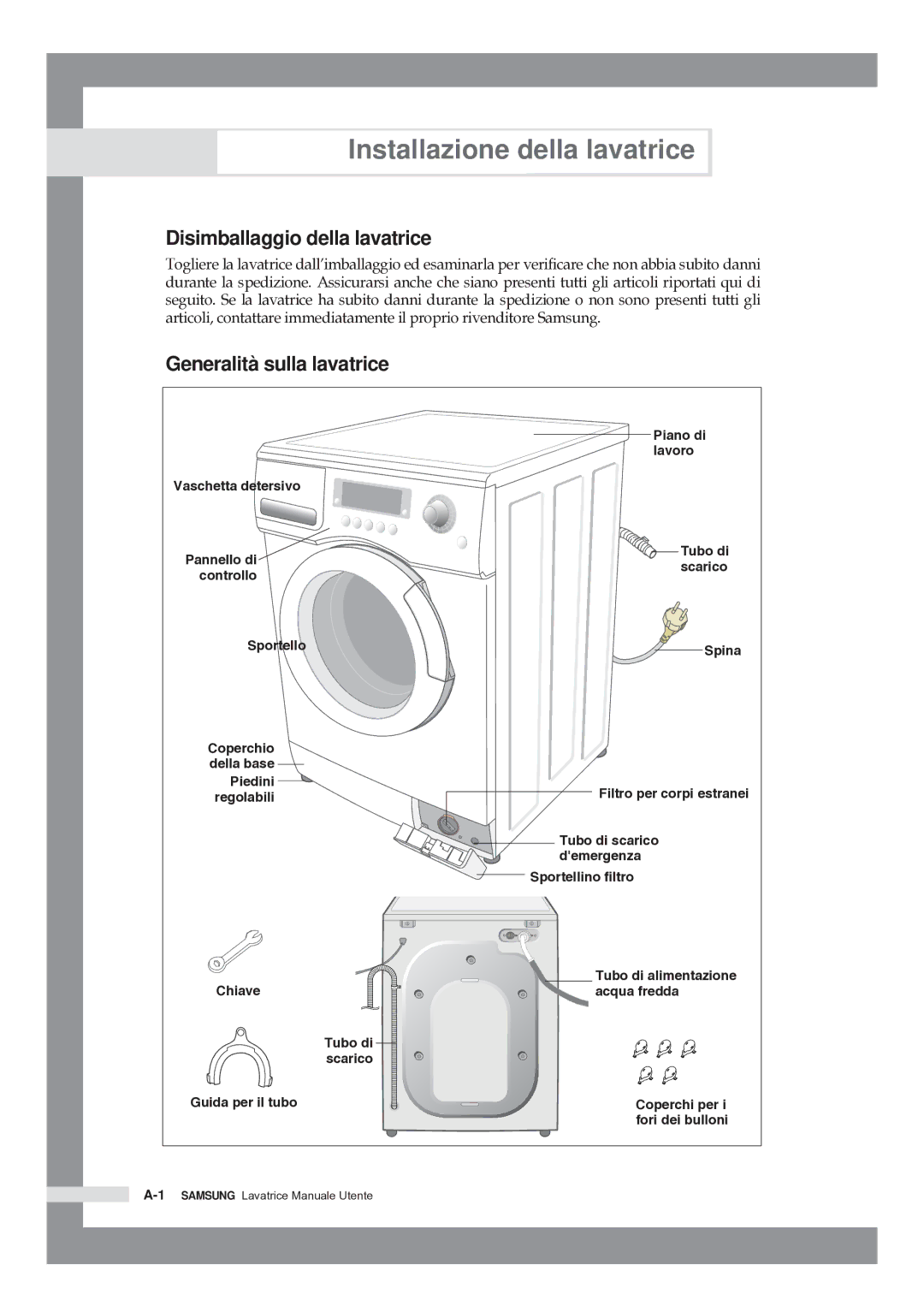 Samsung Q1044ATGW/XET manual Installazione della lavatrice, Disimballaggio della lavatrice, Generalità sulla lavatrice 