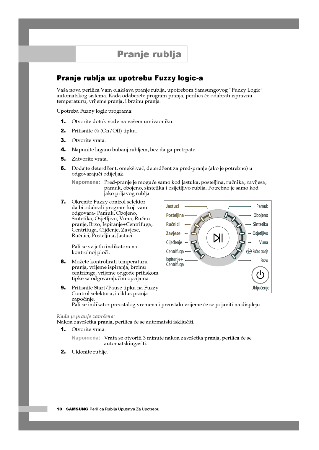 Samsung Q1044AVGW1/YLG manual Pranje rublja uz upotrebu Fuzzy logic-a, Kada je pranje završeno 