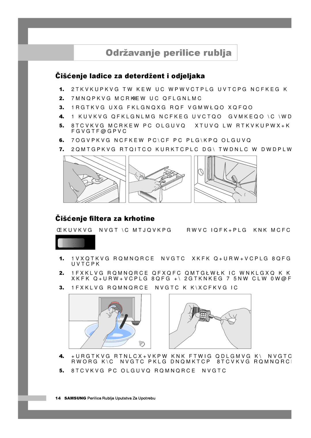 Samsung Q1044AVGW1/YLG manual Čišćenje ladice za deterdžent i odjeljaka, Čišćenje ﬁltera za krhotine 