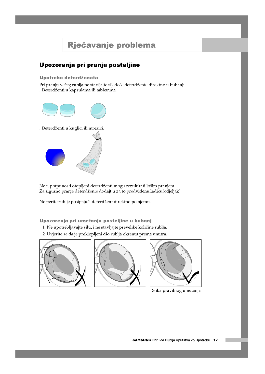 Samsung Q1044AVGW1/YLG manual Upozorenja pri pranju posteljine, Upotreba deterdženata 