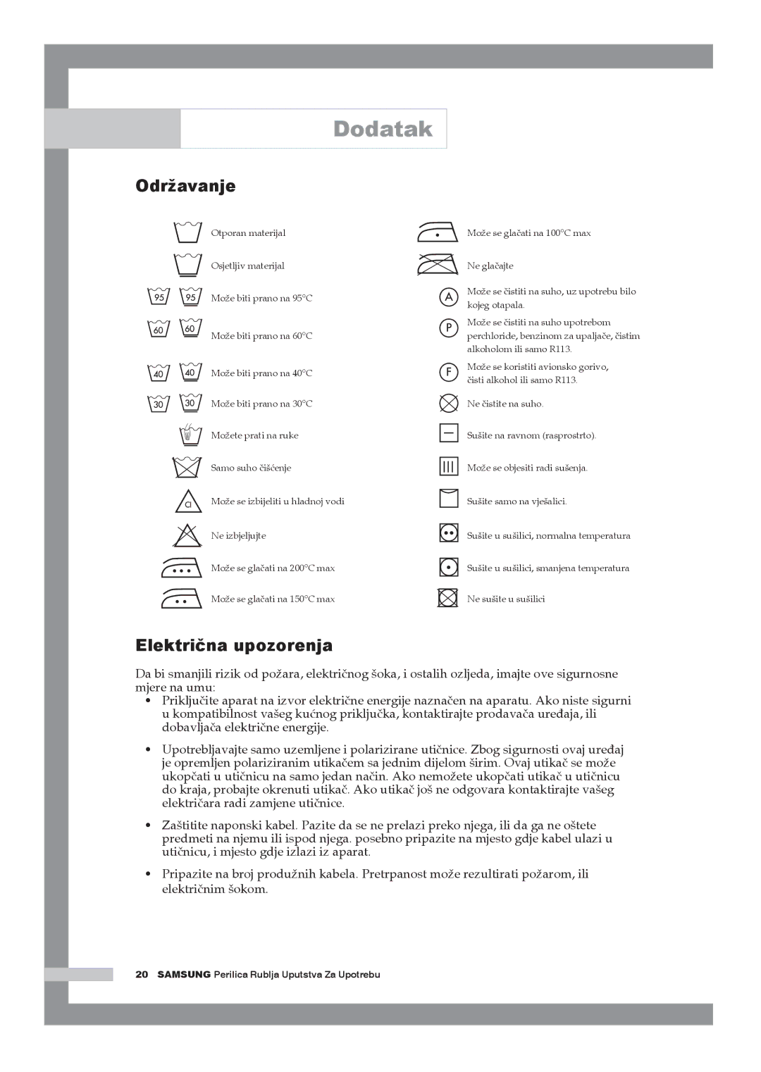 Samsung Q1044AVGW1/YLG manual Dodatak, Održavanje, Električna upozorenja 