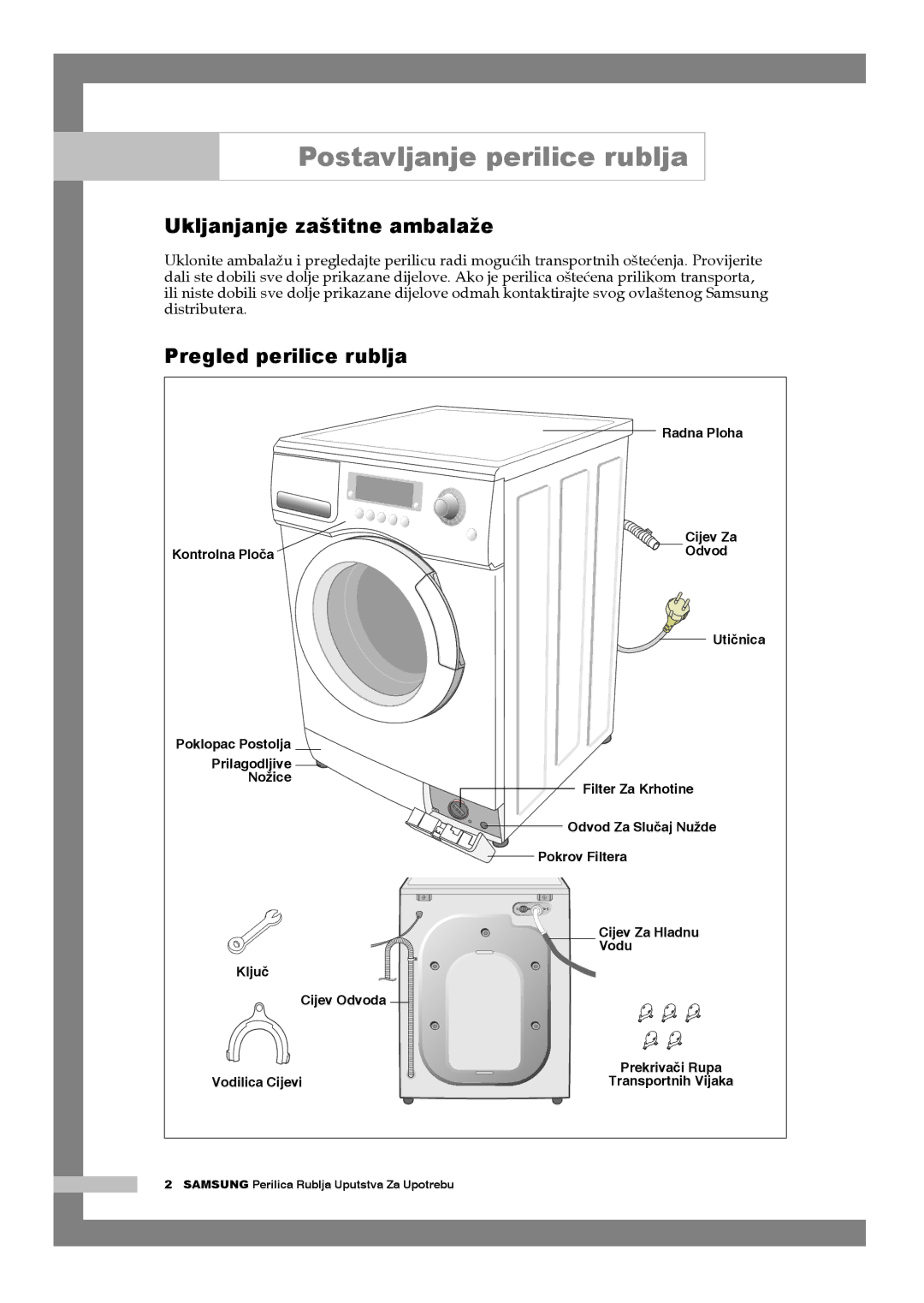 Samsung Q1044AVGW1/YLG manual Postavljanje perilice rublja, Ukljanjanje zaštitne ambalaže, Pregled perilice rublja 