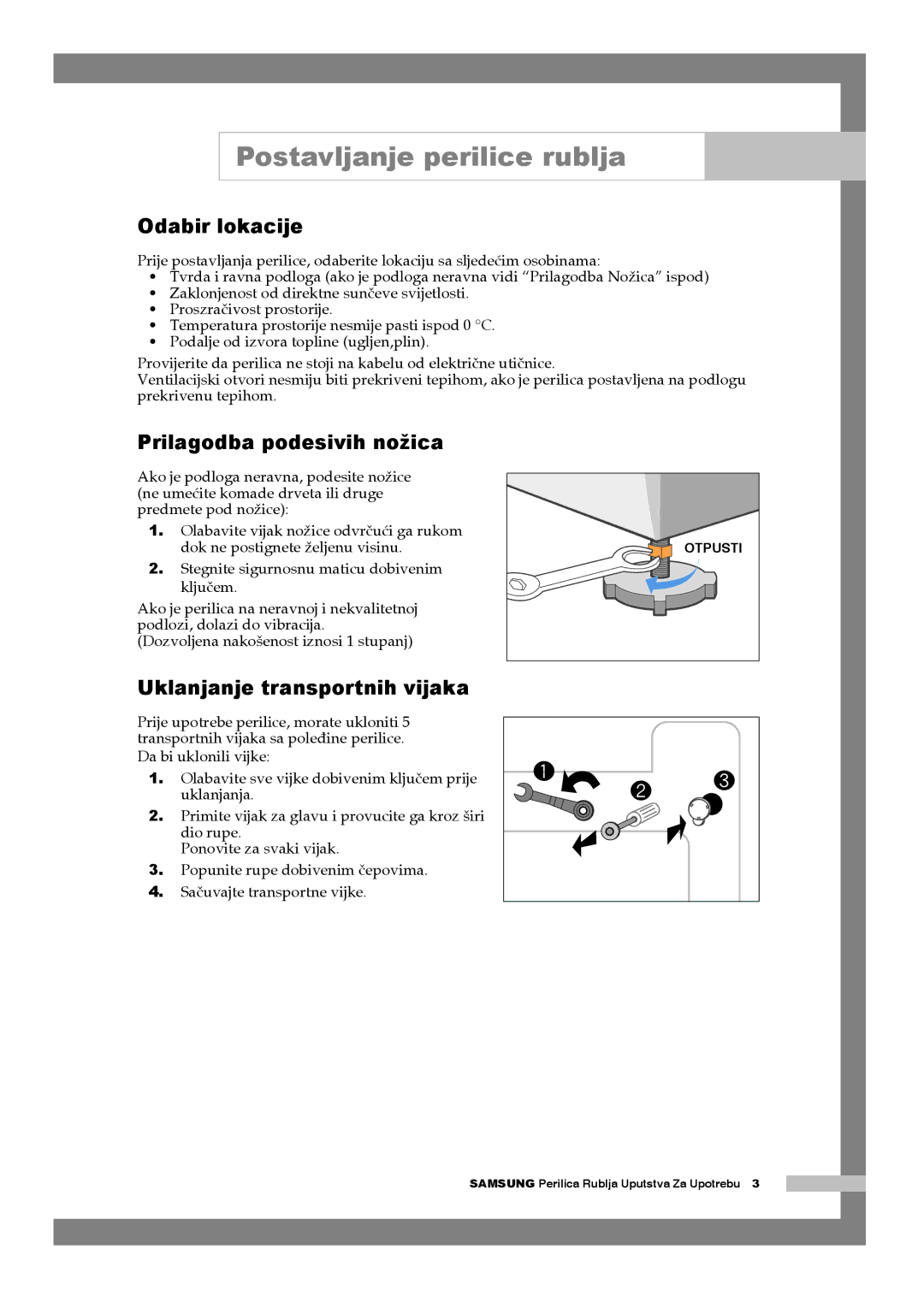 Samsung Q1044AVGW1/YLG manual Odabir lokacije, Prilagodba podesivih nožica, Uklanjanje transportnih vijaka 