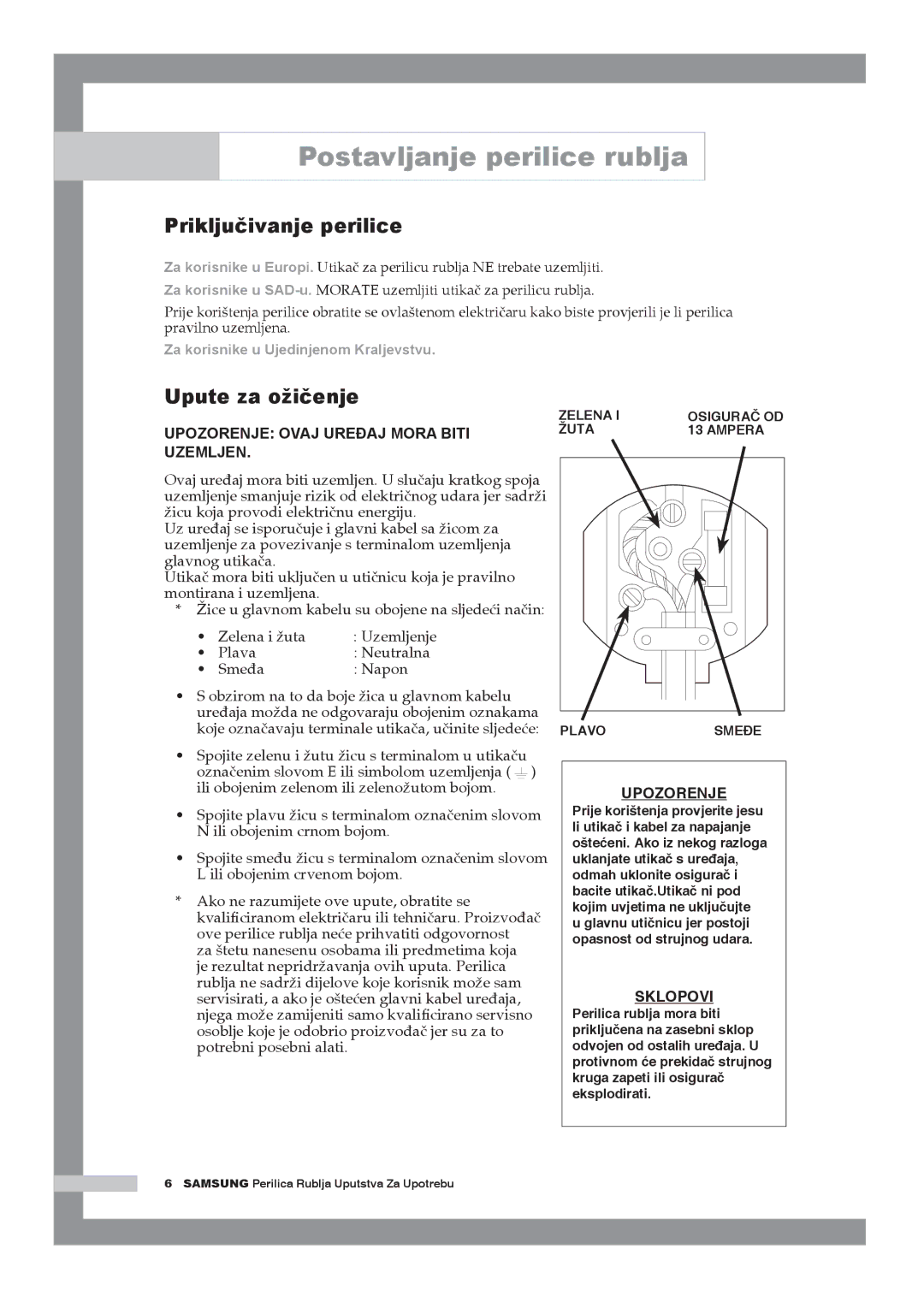 Samsung Q1044AVGW1/YLG manual Priključivanje perilice, Upute za ožičenje 