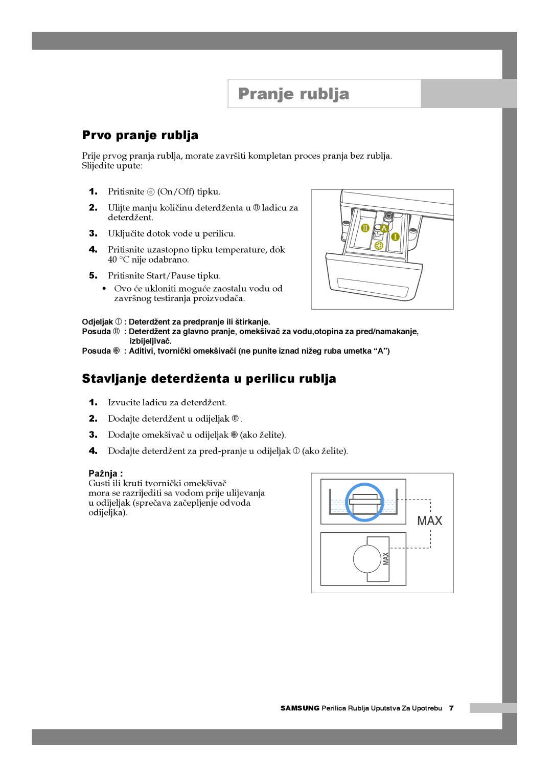 Samsung Q1044AVGW1/YLG manual Pranje rublja, Prvo pranje rublja, Stavljanje deterdženta u perilicu rublja 