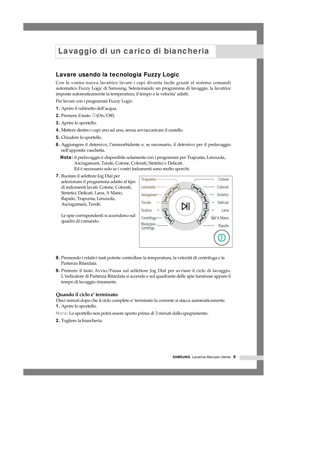 Samsung Q1044GW1/XET, Q1044GW/XET, Q844GW1/XET manual Lavare usando la tecnologia Fuzzy Logic, Quando il ciclo e’ terminato 