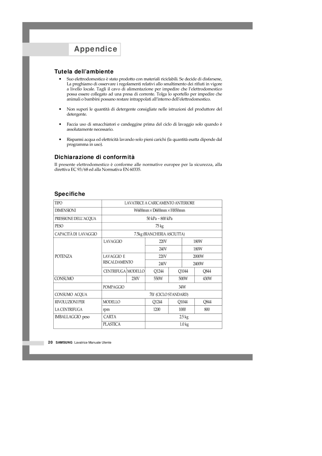 Samsung Q844GW1/XET, Q1044GW/XET, Q1044GW1/XET, Q1044GW-XET Tutela dell’ambiente, Dichiarazione di conformità, Specifiche 