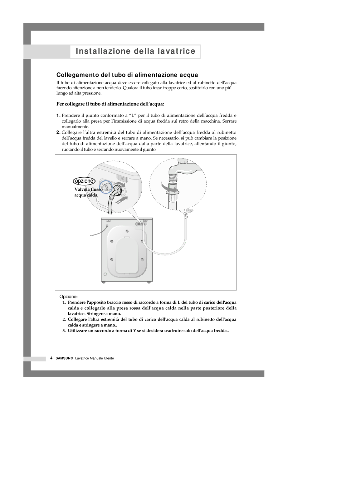 Samsung Q1044GW1/XET manual Collegamento del tubo di alimentazione acqua, Per collegare il tubo di alimentazione dell’acqua 