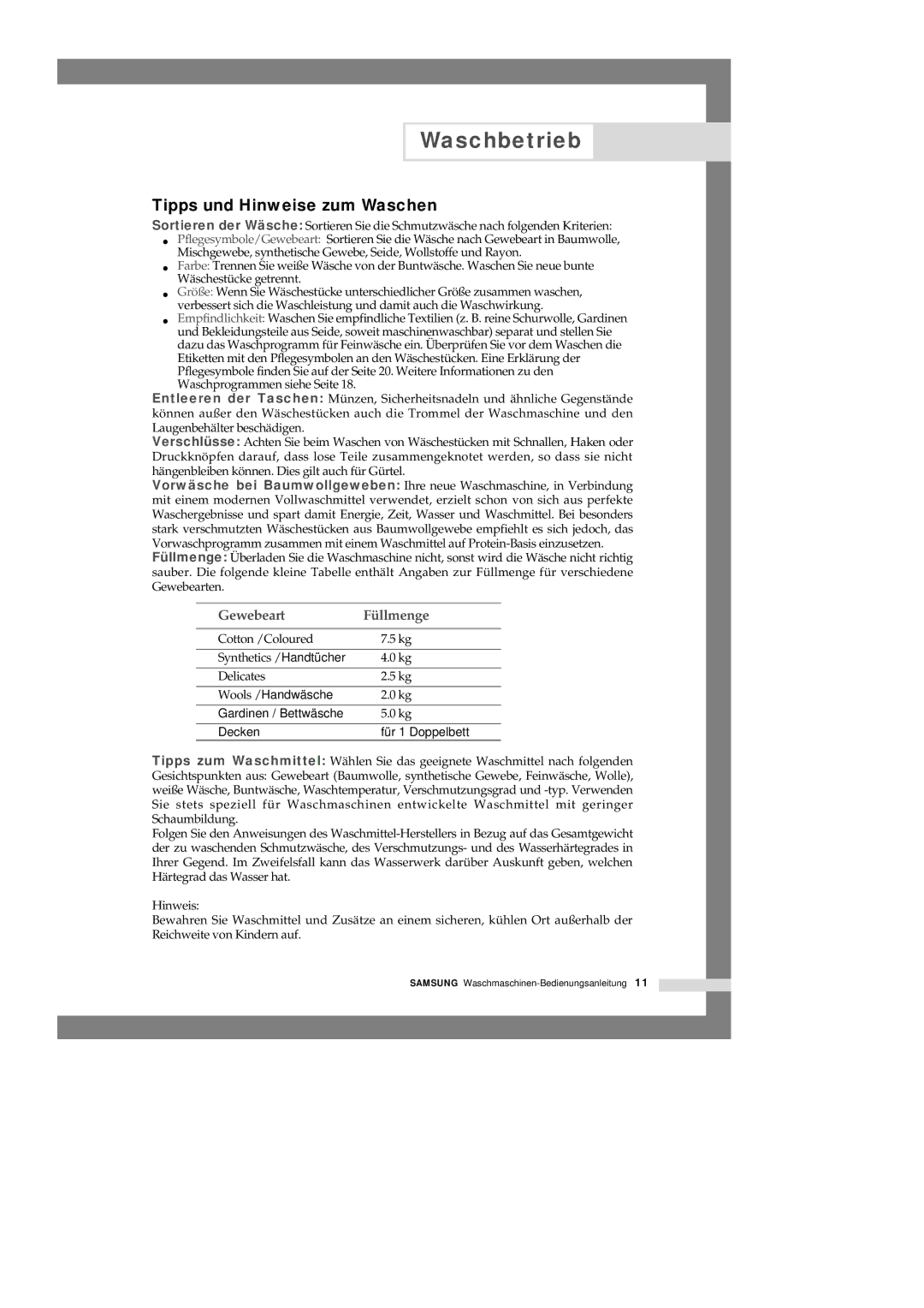 Samsung Q1435VGW1-XEG, Q1235GW1/XEG, Q1435GW/XEG, Q1636VGW/XEG manual Tipps und Hinweise zum Waschen, Gewebeart Füllmenge 