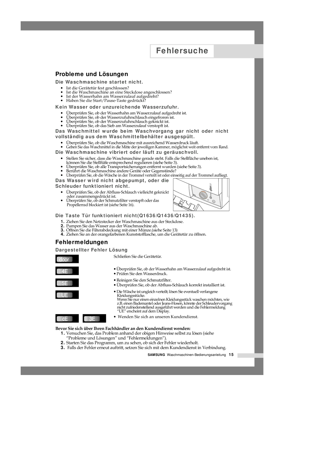 Samsung Q1435VGW1-XEU, Q1235GW1/XEG, Q1435GW/XEG, Q1636VGW/XEG manual Fehlersuche, Probleme und Lösungen, Fehlermeldungen 