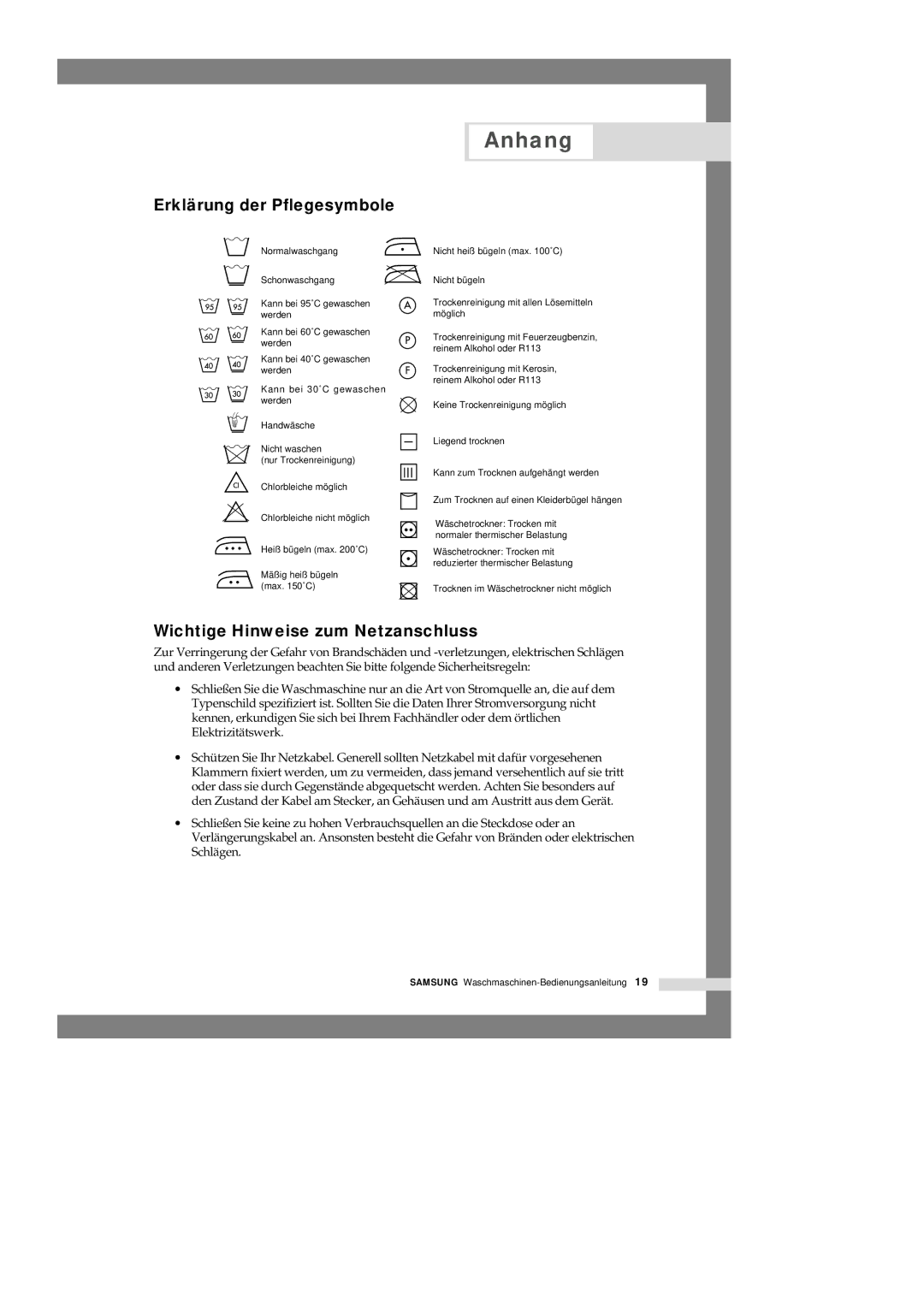 Samsung Q1435VGW1/XEG, Q1235GW1/XEG, Q1435GW/XEG Anhang, Erklärung der Pflegesymbole, Wichtige Hinweise zum Netzanschluss 