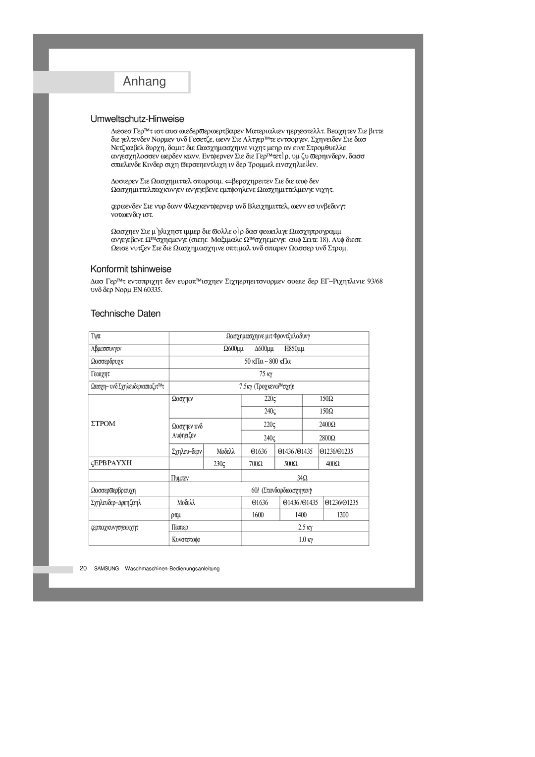 Samsung Q1435VGW1-XEG, Q1235GW1/XEG, Q1435GW/XEG, Q1636VGW/XEG Umweltschutz-Hinweise, Konformitätshinweise, Technische Daten 