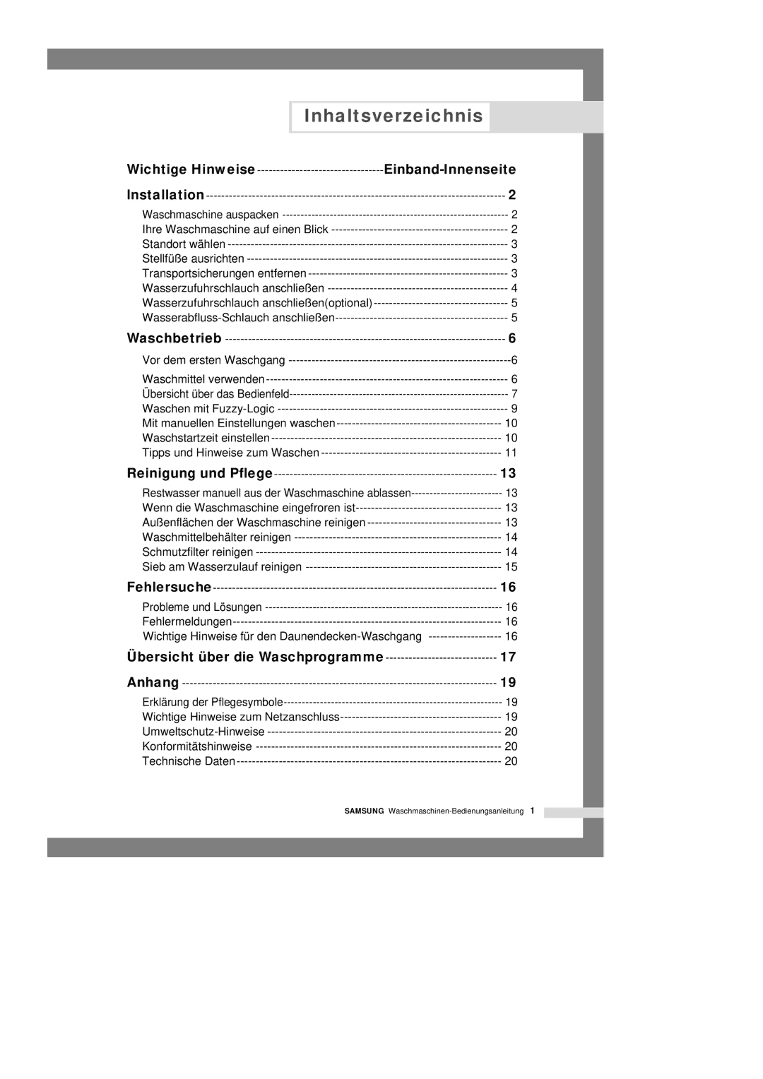 Samsung Q1435VGW1/XEG, Q1235GW1/XEG, Q1435GW/XEG Inhaltsverzeichnis, Einband-Innenseite, Übersicht über die Waschprogramme 