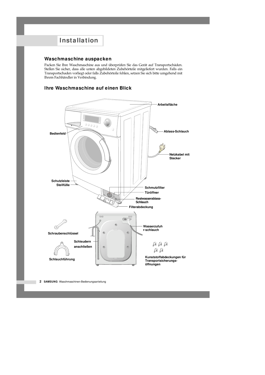 Samsung Q1435VGW1-XEG, Q1235GW1/XEG, Q1435GW/XEG Installation, Waschmaschine auspacken, Ihre Waschmaschine auf einen Blick 