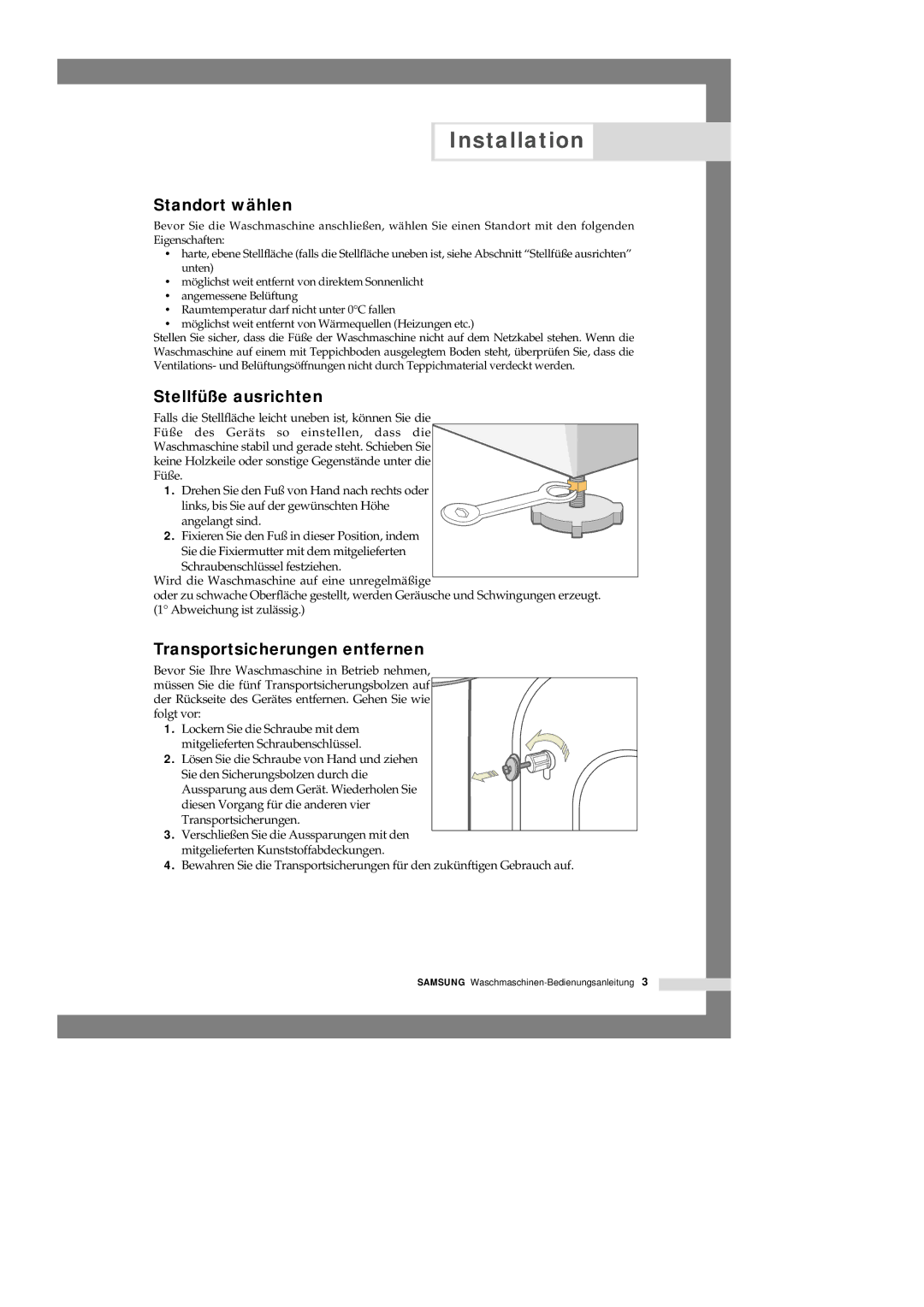 Samsung Q1435GW1/XEG, Q1235GW1/XEG, Q1435GW/XEG manual Standort wählen, Stellfüße ausrichten, Transportsicherungen entfernen 