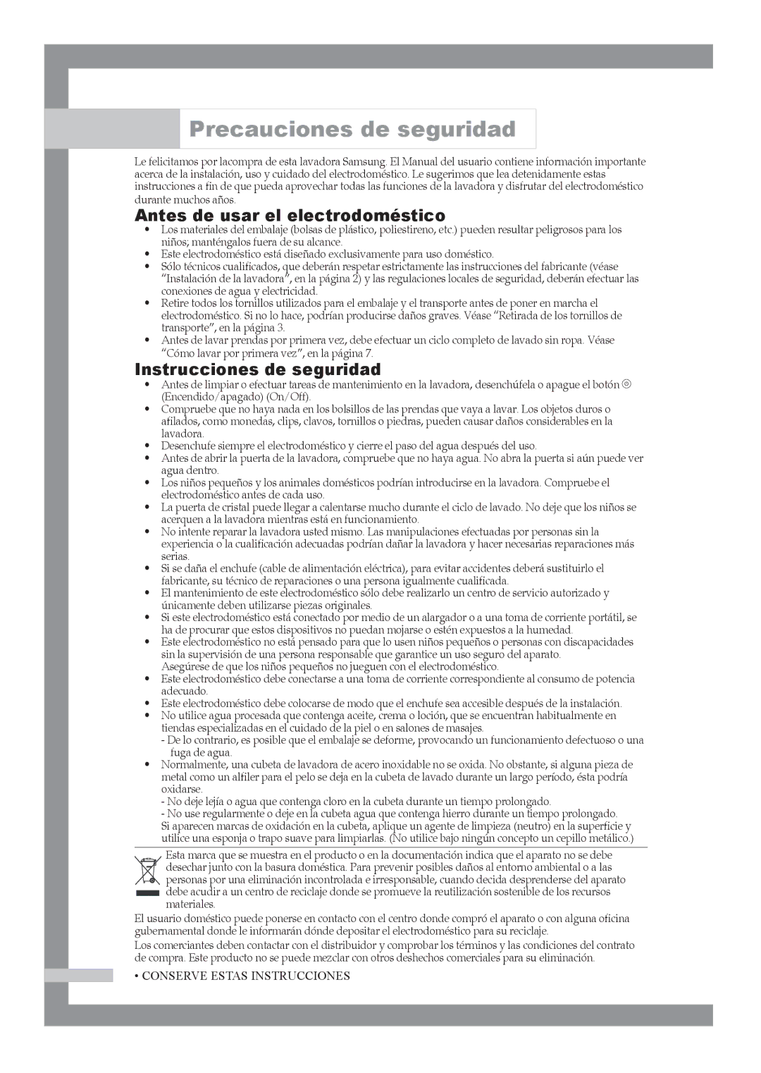 Samsung Q1244ATGW/XEC manual Precauciones de seguridad, Antes de usar el electrodoméstico, Instrucciones de seguridad 