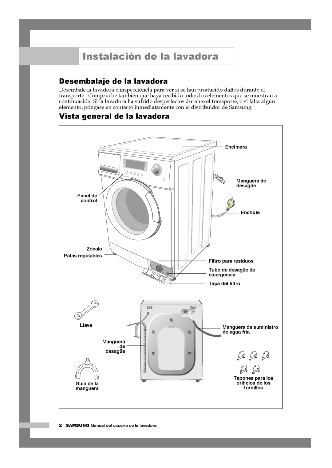 Samsung Q1244ATGW/XEC manual Instalación de la lavadora, Desembalaje de la lavadora, Vista general de la lavadora 